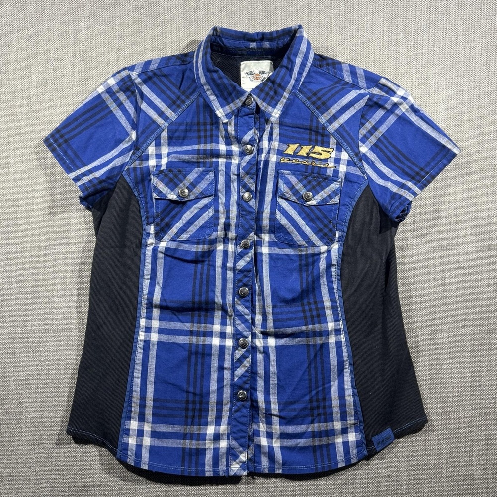 Harley-Davidson Shirt Womens Large Blue Plaid Button Up 115 Graphic Biker
